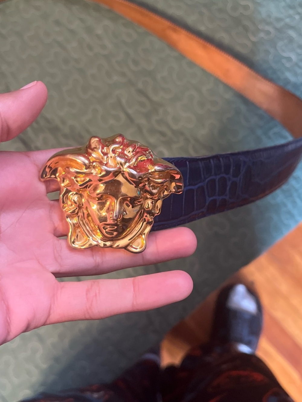 Versace Gold Medusa Buckle Navy Croc-Embossed Belt